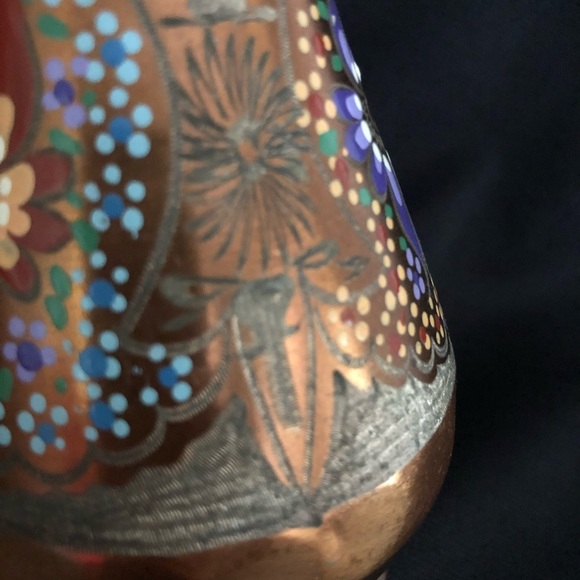 Vintage Hand Painted & Etched Copper Vase with Floral Designs - Picture 13 of 16